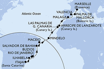 Brazília, Kapverdy, Španielsko, z Lanzarote, Francúzsko na lodi MSC Musica
