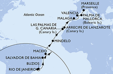 Brazília, Kapverdy, Španielsko, z Lanzarote, Francúzsko z Rio de Janeira na lodi MSC Musica