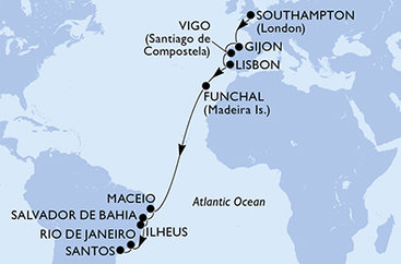Veľká Británia, Španielsko, Portugalsko, Brazília zo Southamptonu na lodi MSC Meraviglia