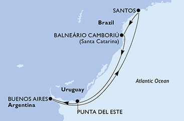 Argentína, Brazília, Uruguaj z Buenos Aires na lodi MSC Meraviglia