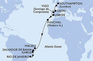 Veľká Británia, Španielsko, Portugalsko, Brazília zo Southamptonu na lodi MSC Meraviglia