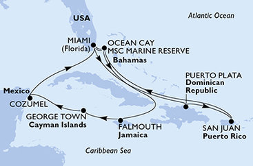 USA, Dominikánska republika, Bahamy, Jamajka, Kajmanské ostrovy, Mexiko z Miami na lodi MSC Seaside