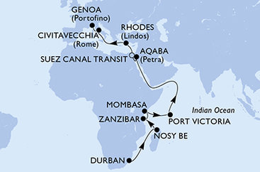 Juhoafrická republika, Madagaskar, Tanzánie, Keňa, Seychely, Jordánsko, Egypt, Grécko, Taliansko z Durbanu na lodi MSC Sinfonia