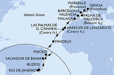 Brazília, Kapverdy, Španielsko, z Lanzarote, Francúzsko, Taliansko z Rio de Janeira na lodi MSC Musica