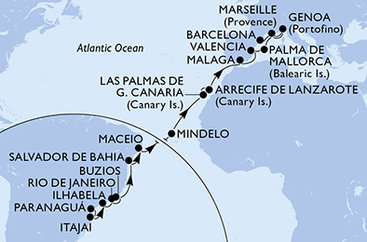Brazília, Kapverdy, Španielsko, z Lanzarote, Francúzsko, Taliansko na lodi MSC Musica