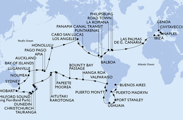 Argentína, Zámořské území Velké Británie, Chile, Francouzská Polynésie, Cookovy ostrovy, Nový Zéland, Austrália, Nová Kaledonie, Vanuatu, Samoa, Americká Samoa, USA, Mexiko, Kostarika, , Panama, Dominikánska republika, Britské Panenské ostrovy, Svatý Martin, Španielsko, Taliansko z Buenos Aires na lodi MSC Magnifica