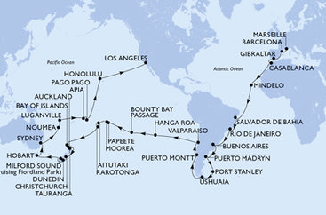 Francúzsko, Španielsko, Gibraltár, Maroko, Kapverdy, Brazília, Argentína, Zámořské území Velké Británie, Chile, Francouzská Polynésie, Cookovy ostrovy, Nový Zéland, Austrália, Nová Kaledonie, Vanuatu, Samoa, Americká Samoa, USA z Marseille na lodi MSC Magnifica