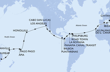 Austrália, Nová Kaledonie, Vanuatu, Samoa, Americká Samoa, USA, Mexiko, Kostarika, , Panama, Dominikánska republika, Britské Panenské ostrovy, Svatý Martin, Španielsko, Taliansko ze Sydney na lodi MSC Magnifica
