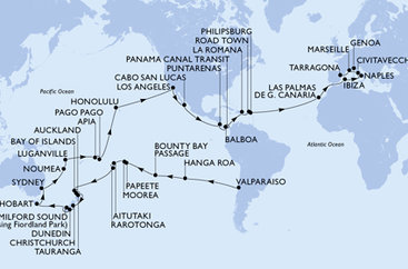 Chile, Zámořské území Velké Británie, Francouzská Polynésie, Cookovy ostrovy, Nový Zéland, Austrália, Nová Kaledonie, Vanuatu, Samoa, Americká Samoa, USA, Mexiko, Kostarika, , Panama, Dominikánska republika, Britské Panenské ostrovy, Svatý Martin, Španielsko, Taliansko, Francúzsko, Tarragona z Valparaisa na lodi MSC Magnifica