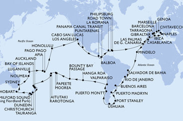 Španielsko, Gibraltár, Maroko, Kapverdy, Brazília, Argentína, Zámořské území Velké Británie, Chile, Francouzská Polynésie, Cookovy ostrovy, Nový Zéland, Austrália, Nová Kaledonie, Vanuatu, Samoa, Americká Samoa, USA, Mexiko, Kostarika, , Panama, Dominikánska republika, Britské Panenské ostrovy, Svatý Martin, Taliansko, Francúzsko, Tarragona z Barcelony na lodi MSC Magnifica