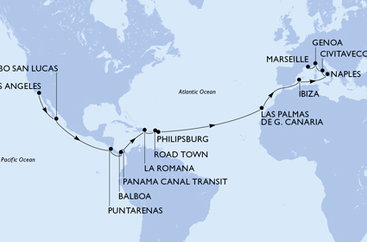 USA, Mexiko, Kostarika, , Panama, Dominikánska republika, Britské Panenské ostrovy, Svatý Martin, Španielsko, Taliansko, Francúzsko na lodi MSC Magnifica