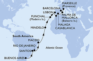 Argentína, Brazília, Kapverdy, Portugalsko, Maroko, Španielsko, Francúzsko z Buenos Aires na lodi MSC Seaview