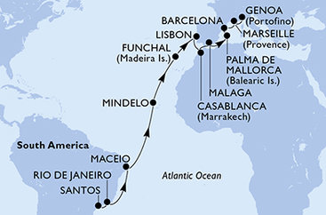 Brazília, Kapverdy, Portugalsko, Maroko, Španielsko, Francúzsko, Taliansko zo Santosu na lodi MSC Seaview