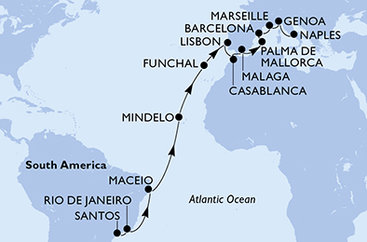 Brazília, Kapverdy, Portugalsko, Maroko, Španielsko, Francúzsko, Taliansko zo Santosu na lodi MSC Seaview