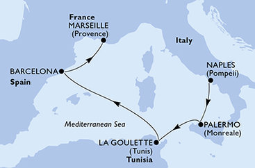 Taliansko, Tunisko, Španielsko, Francúzsko z Neapola na lodi MSC Euribia