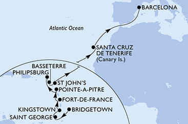 Barbados, Grenada, Svätý Vincent a Grenadiny, Martinik, Guadeloupe, Svatý Martin, Svätý Krištof a Nevis, Antigua a Barbuda, Španielsko z Bridgetownu na lodi MSC World Europa