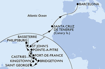 Martinik, Guadeloupe, Svätá Lucia, Barbados, Grenada, Svätý Vincent a Grenadiny, Svatý Martin, Svätý Krištof a Nevis, Antigua a Barbuda, Španielsko z Fort de France na lodi MSC World Europa