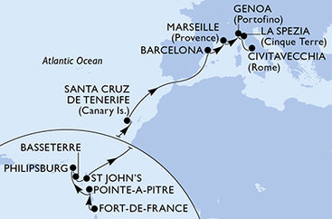 Martinik, Guadeloupe, Svatý Martin, Svätý Krištof a Nevis, Antigua a Barbuda, Španielsko, Francúzsko, Taliansko z Fort de France na lodi MSC World Europa