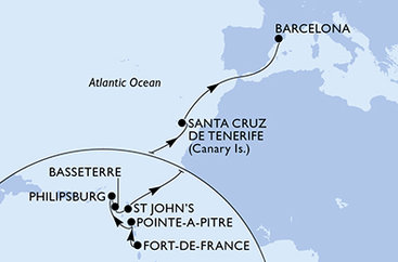 Martinik, Guadeloupe, Svatý Martin, Svätý Krištof a Nevis, Antigua a Barbuda, Španielsko z Fort de France na lodi MSC World Europa