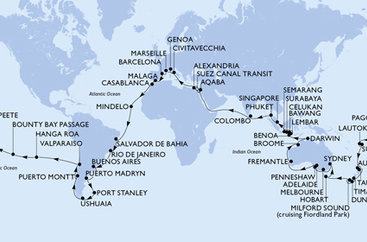 Taliansko, Francúzsko, Španielsko, Maroko, Kapverdy, Brazília, Argentína, Zámořské území Velké Británie, Chile, Francouzská Polynésie, Americká Samoa, , Fiji, Nový Zéland, Austrália, Indonézia, Singapur, Thajsko, Srí Lanka, Jordánsko, Egypt z Civitavechie na lodi MSC Magnifica