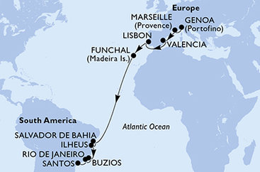 Taliansko, Francúzsko, Španielsko, Portugalsko, Brazília z Janova na lodi MSC Musica