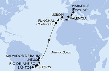 Francúzsko, Španielsko, Portugalsko, Brazília z Marseille na lodi MSC Musica