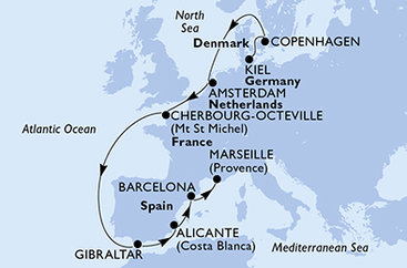 Nemecko, Dánsko, Holandsko, Francie, Gibraltár, Španielsko, Francúzsko z Kielu na lodi MSC Euribia