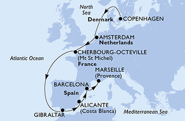Dánsko, Holandsko, Francie, Gibraltár, Španielsko, Francúzsko z Kodane na lodi MSC Euribia