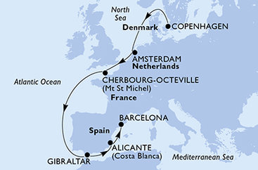 Dánsko, Holandsko, Francie, Gibraltár, Španielsko z Kodane na lodi MSC Euribia