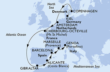 Nemecko, Dánsko, Holandsko, Francie, Gibraltár, Španielsko, Francúzsko, Taliansko z Kielu na lodi MSC Euribia