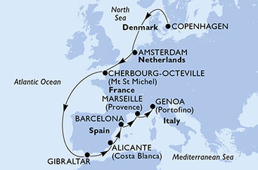 Dánsko, Holandsko, Francie, Gibraltár, Španielsko, Francúzsko, Taliansko z Kodane na lodi MSC Euribia