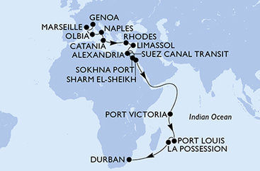 Taliansko, Francúzsko, Grécko, Cyprus, Egypt, Seychely, Maurícius, Reunion, Juhoafrická republika z Janova na lodi MSC Sinfonia