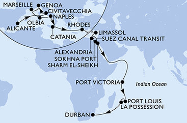 Španielsko, Taliansko, Francúzsko, Grécko, Cyprus, Egypt, Seychely, Maurícius, Reunion, Juhoafrická republika z Alicante na lodi MSC Sinfonia