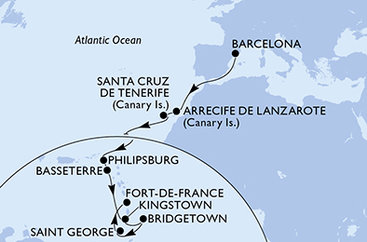 Španielsko, z Lanzarote, Svatý Martin, Svätý Krištof a Nevis, Svätý Vincent a Grenadiny, Barbados, Grenada, Martinik z Barcelony na lodi MSC World Europa