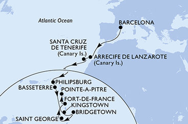 Španielsko, z Lanzarote, Svatý Martin, Svätý Krištof a Nevis, Svätý Vincent a Grenadiny, Barbados, Grenada, Martinik, Guadeloupe z Barcelony na lodi MSC World Europa