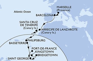 Francúzsko, Španielsko, z Lanzarote, Svatý Martin, Svätý Krištof a Nevis, Svätý Vincent a Grenadiny, Barbados, Grenada, Martinik z Marseille na lodi MSC World Europa