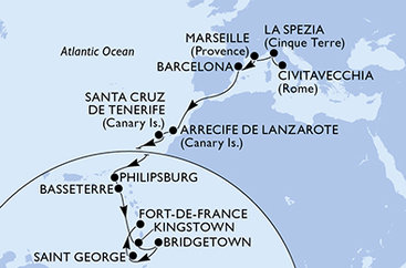 Taliansko, Francúzsko, Španielsko, z Lanzarote, Svatý Martin, Svätý Krištof a Nevis, Svätý Vincent a Grenadiny, Barbados, Grenada, Martinik z Civitavechie na lodi MSC World Europa