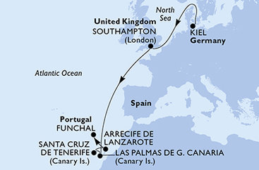 Nemecko, Veľká Británia, Španielsko, z Lanzarote, Portugalsko z Kielu na lodi MSC Euribia