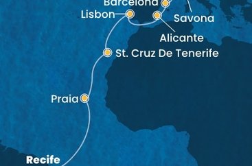 Brazília, Kapverdy, Španielsko, Portugalsko, Francúzsko, Taliansko z Recife na lodi Costa Pacifica