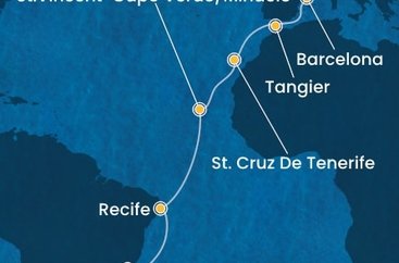 Brazília, Kapverdy, Španielsko, Maroko, Francúzsko z Rio de Janeira na lodi Costa Favolosa