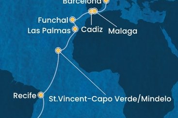 Brazília, Kapverdy, Španielsko, Portugalsko, Francúzsko z Rio de Janeira na lodi Costa Serena