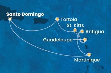 Dominikánska republika, Martinik, Antigua a Barbuda, Guadeloupe, Svätý Krištof a Nevis, Britské Panenské ostrovy zo Santa Dominga na lodi Costa Fascinosa