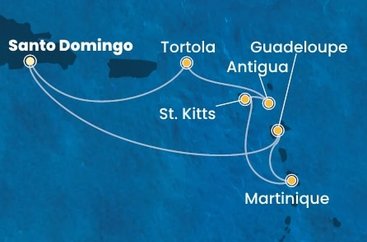 Dominikánska republika, Guadeloupe, Martinik, Svätý Krištof a Nevis, Antigua a Barbuda, Britské Panenské ostrovy zo Santa Dominga na lodi Costa Favolosa