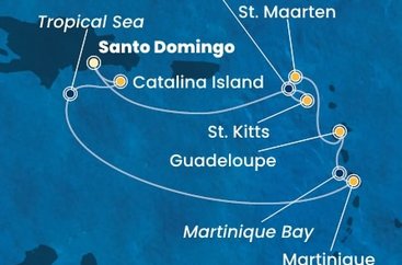 Dominikánska republika, Martinik, Guadeloupe, Svatý Martin, Svätý Krištof a Nevis zo Santa Dominga na lodi Costa Fascinosa