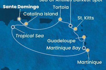 Dominikánska republika, , Martinik, Francúzsko, Guadeloupe, Svätý Krištof a Nevis, Jamajka, Britské Panenské ostrovy zo Santa Dominga na lodi Costa Fascinosa