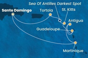 Dominikánska republika, Martinik, Antigua a Barbuda, Guadeloupe, Svätý Krištof a Nevis, Britské Panenské ostrovy zo Santa Dominga na lodi Costa Fascinosa