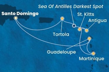 Dominikánska republika, Guadeloupe, Martinik, Svätý Krištof a Nevis, Antigua a Barbuda, Britské Panenské ostrovy zo Santa Dominga na lodi Costa Favolosa