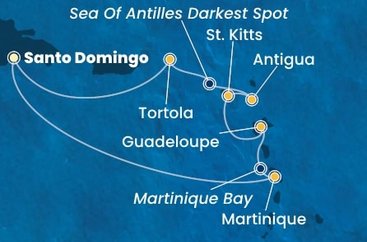 Dominikánska republika, Martinik, Guadeloupe, Svätý Krištof a Nevis, Antigua a Barbuda, Britské Panenské ostrovy zo Santa Dominga na lodi Costa Favolosa
