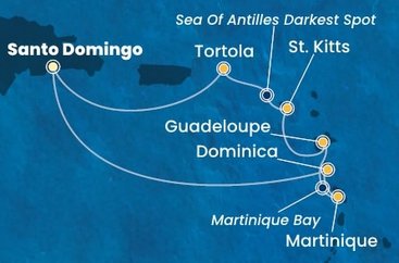 Dominikánska republika, Dominika, Martinik, Guadeloupe, Svätý Krištof a Nevis, Britské Panenské ostrovy zo Santa Dominga na lodi Costa Favolosa