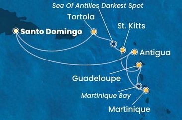 Dominikánska republika, Antigua a Barbuda, Martinik, Guadeloupe, Svätý Krištof a Nevis, Britské Panenské ostrovy zo Santa Dominga na lodi Costa Favolosa